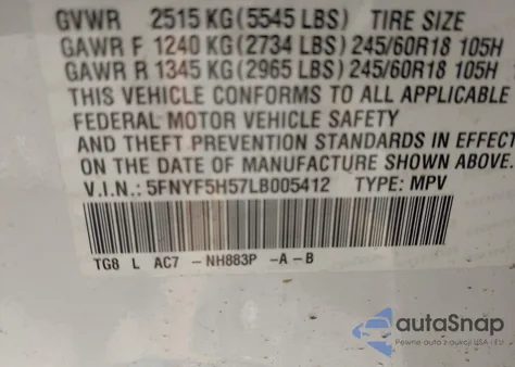 2020 Honda Pilot 2Wd Ex-L z USA, uszkodzony, nr VIN 5FNYF5H57LB005412